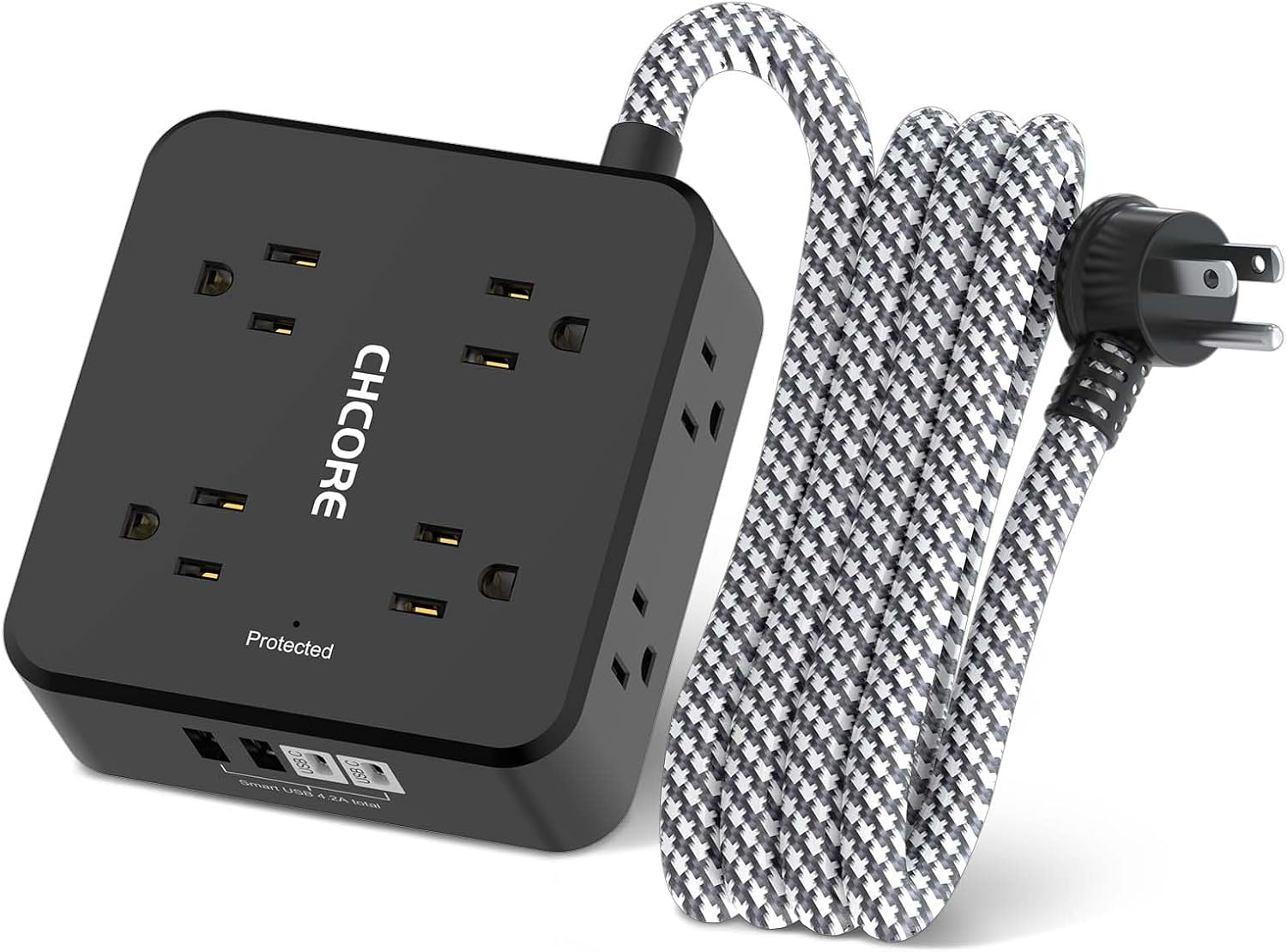 Surge Protector Power Strip - CHCORE 6Ft Braided Extension Cord with 8 Outlets with 4 USB (2 USB C) Charging Ports, Flat Plug Multi Plug Outlet Extender Charging Station for Home Office, ETL, Black